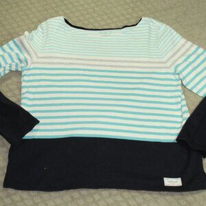 TALBOTS Women's Size Large 100% Cotton Navy Blue Aqua Grey Stripe Pullover Knit
